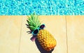 Funny pineapple with sunglasses on blue water pool background, summer holidays, vacation and food concept Royalty Free Stock Photo