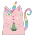 Funny pink cat unicorn closed his eyes and holds a drink in his paws.