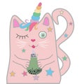 Funny pink cat unicorn closed his eyes and holds a drink in his paws. Concept of miracles and magic.