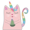 Funny pink cat unicorn closed his eyes and holds a drink in his paws. Concept of miracles and magic.