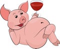 Funny pink drinking lying down, red juice or wine in a glass goblet