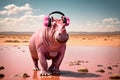 Funny pink hippo listening to music with headphones. Funny, cool, humor. Creative and conceptual image. Concept of party, fun, dj Royalty Free Stock Photo