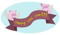 Funny pink pig with a New Year`s poster