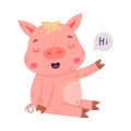 Funny Pink Piggy Character with Hoof Greeting Saying Hi Waving Hand Vector Illustration