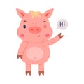 Funny Pink Piggy Character with Hoof Greeting Saying Hi Waving Hand and Winking Vector Illustration