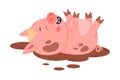 Funny Pink Piggy Character with Hoof Rolling on Its Back in Mud Vector Illustration