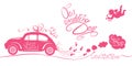 Funny pink wedding card with retro car dragging cans, angel and