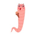 Funny Pink Worm Character in Glasses Licking Ice Cream Vector Illustration