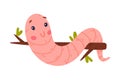 Funny Pink Worm Character with Long Tube Body Hanging on Tree Branch Vector Illustration Royalty Free Stock Photo