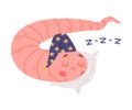 Funny Pink Worm Character with Long Tube Body in Night Cap Sleeping on Pillow Vector Illustration