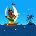 Funny pirate bear on his boat sailing the sea reaching the land for adventure with some colorful jumping fish