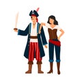 Funny pirate couple at costume party vector flat illustration. Smiling man and woman sea corsairs isolated on white Royalty Free Stock Photo