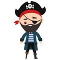 Funny pirate with eye patch, hook instead of hand and wooden prosthesis wearing captain hat with a scull