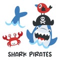 Funny pirate shark cartoon with little friends under the sea, isolated on white background illustration vector