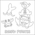 Funny pirate shark cartoon with little friends under the sea, isolated on white background illustration vector. Childish design