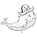 Cartoon Pirate Blue Whale in a Tricorne Hat, Hand Drawn Cute Animal Jolly Roger, Vector Cartoon illustration