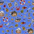 FUNNY PIRATES Cartoon Characters Seamless Pattern Vector