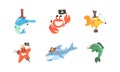 Funny Pirates Sea Creatures Characters Set, Cute Joyful Crab, Starfish, Shark Cartoon Vector Illustration Royalty Free Stock Photo