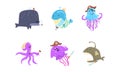 Funny Pirates Sea Creatures Characters Set, Cute Joyful Whale, Octopus, Jellyfish Cartoon Vector Illustration