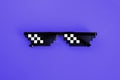 Funny pixelated boss sunglasses on new blue pantone background. Gangster, Black thug life meme glasses . Pixel 8bit