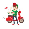 Funny pizza boy delivering pizza boxes scooter. Flat Vector illustration.