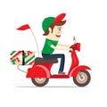 Funny pizza boy delivering pizza boxes scooter. Flat Vector illustration.