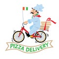 Funny pizza chef on bicycle or bike Pizza delivery Royalty Free Stock Photo