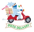 Funny pizza chef or courier on scooter in protective mask and gloves Pizza delivery logo Royalty Free Stock Photo