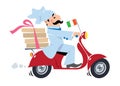 Funny pizza chef on scooter. Pizza delivery Royalty Free Stock Photo