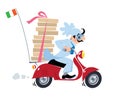 Funny pizza chef on scooter. Pizza delivery Royalty Free Stock Photo