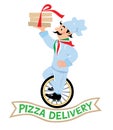 Funny pizza chef on unicycle. Pizza delivery Royalty Free Stock Photo