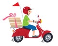 Funny pizza courier on scooter. Pizza delivery