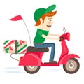 Funny pizza delivery boy riding red motor bike wearing uniform a
