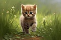 Funny playful red ginger curious tabby kitten walks on grass with flowers outdoors in the garden and looks around. Pet Royalty Free Stock Photo