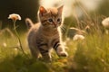 Funny playful red ginger curious tabby kitten walks on grass with flowers outdoors in the garden and looks around. Pet Royalty Free Stock Photo