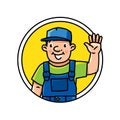 Funny plumber, repairman or worker. Emblem or icon