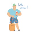 A funny plump man with an orange suitcase on wheels holds tickets in his hand. Hello summer. Flat illustration