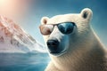 Funny polar bear wearing sunglasses in a polar snow environment