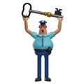Funny Police Officer Cartoon 3D Illustration rising a key