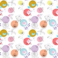 Funny polka dot and gardening flowers on white background. Beautiful seamless pattern.