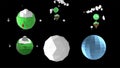 Funny polygonal models of different planets and floating islands in cartoon style over black background.