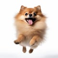 Funny Pomeranian Dog Leaping With Joy On White Background