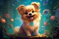 Funny pomeranian dog sitting on a tree stump with flowers