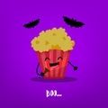 Funny popcorn with flashlight and bats on violet background. Flat style. Vector card