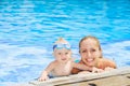 Funny portrait of baby boy swimming with mother in pool