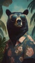 Funny portrait of black bear with sunglasses
