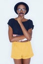 Funny, portrait and black woman with mustache in studio with hipster fashion and crazy person in background. Silly, nerd Royalty Free Stock Photo
