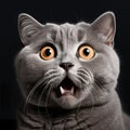Funny portrait of a british shorthair cat looking shocked or surprised