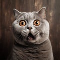 Funny portrait of a british shorthair cat looking shocked or surprised