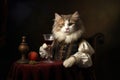 A funny portrait of a cat with wine as a historical royal portrait. Pets drinking alcohol wine. Funny weird-core Royalty Free Stock Photo